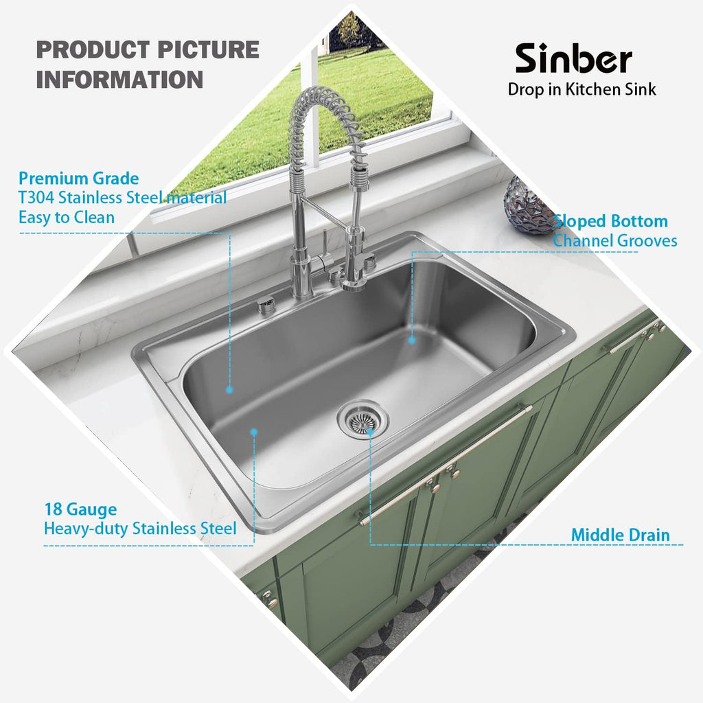 Sinber MT3322C 33' x 22' x 9' Drop In Single Bowl Kitchen Sink with 18 Gauge 304 Stainless Steel Satin Finish (Sink Only)