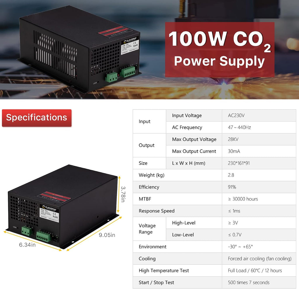 Cloudray CO2 Laser Power Supply 80-100W 220V for CO2 Laser Engraver Cutter M100（Updated MYJG100