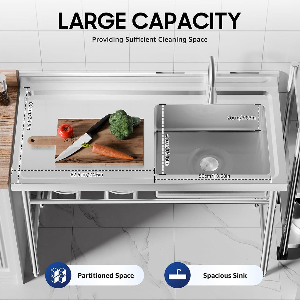 Commercial Sink, 201 Stainless Steel Sink With Cold and Hot Water Faucet Indoor Floor Standing Sink for Kitchen Hotel Restaurant Storage Shelves Prep Table Workbench Utility Sink