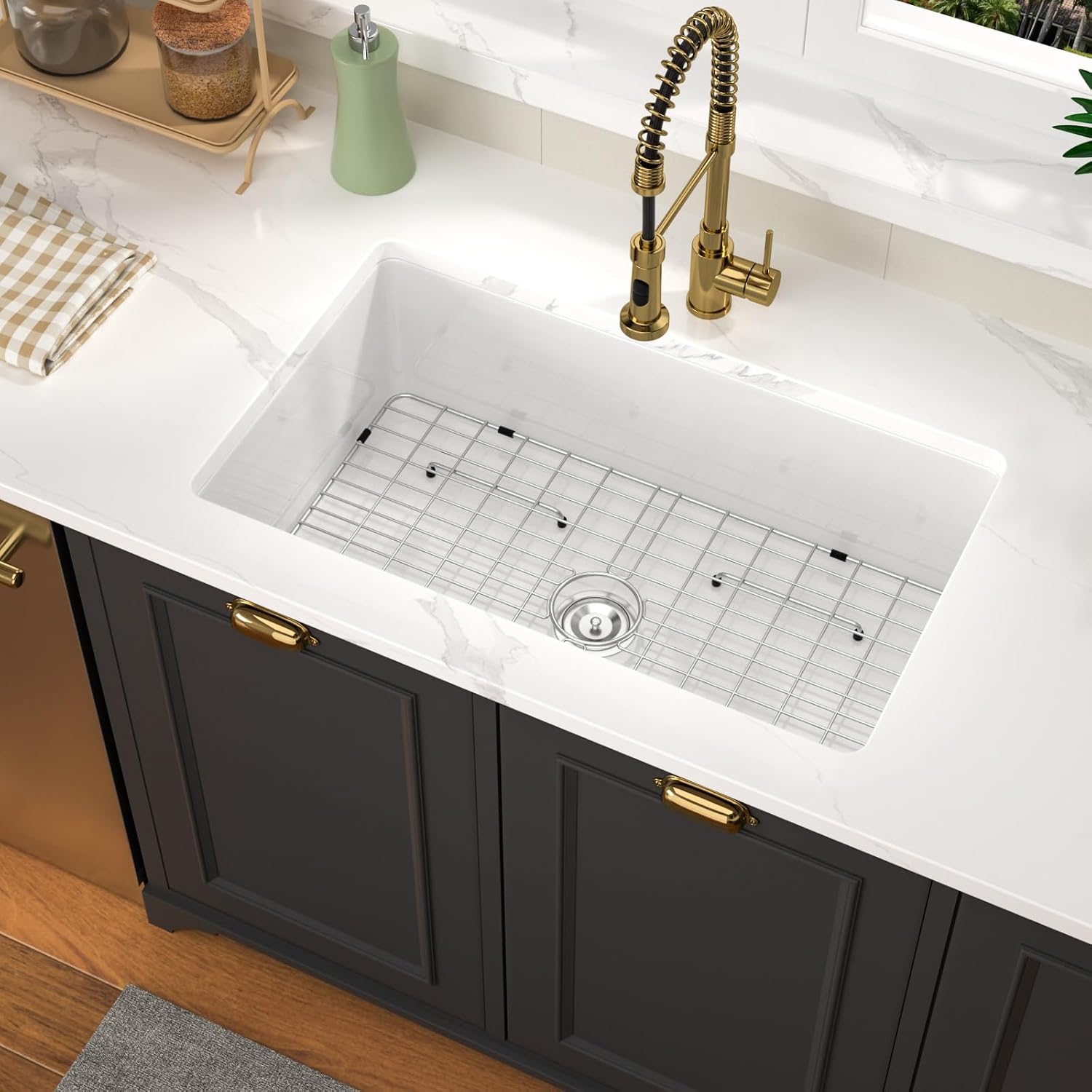 32 White Undermount Kitchen Sink Porcelain 32x19x10 Inch Dual Mount White Single Bowl Ceramic Kitchen Sink - Brushed Drain Strainer