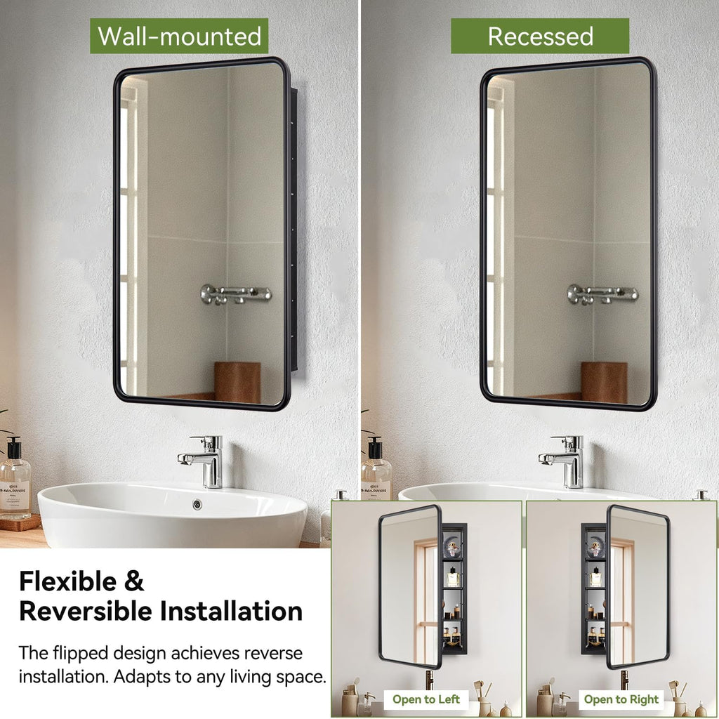 17 x 27 Bathroom Medicine Cabinet with Mirror Metal Frame Recessed Or Wall Mounted Single Door Storage Medicine Cabinets with Adjustable Shelves Rounded Corner Beveled Mirrors