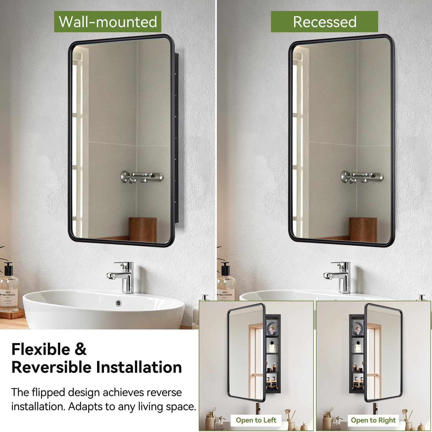 17 x 27 Bathroom Medicine Cabinet with Mirror Metal Frame Recessed Or Wall Mounted Single Door Storage Medicine Cabinets with Adjustable Shelves Rounded Corner Beveled Mirrors
