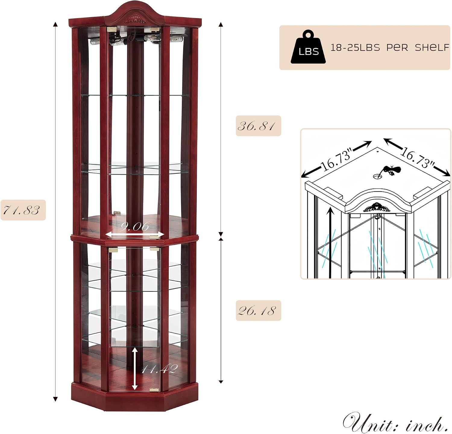 72' H Lighted Corner Curio Cabinet, Wooden Curio Cabinet with Tempered Glass Doors, 6-Tier Shelves Corner Cabinet with Glass, Liquor Display Storage Rack for Living Room(Cherry)