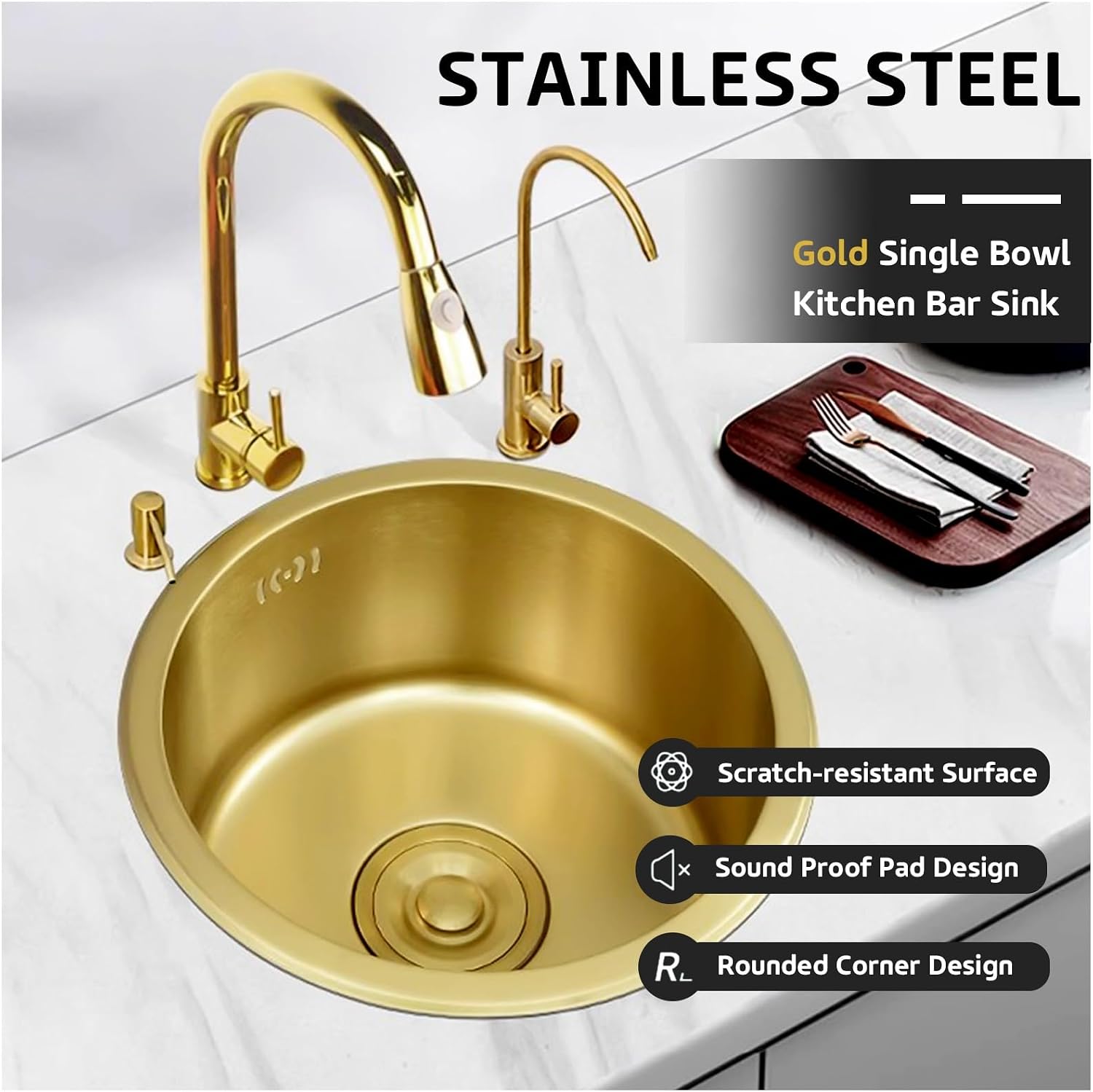 304 Stainless Steel Single Bowl Kitchen Sink, Drop-In/Undermount Workstation Sink With Drain, Handmade Small Wet Bar Sink For RV, Home, Office, Durable Washing Basin Pool(Gold,32x32x19cm)