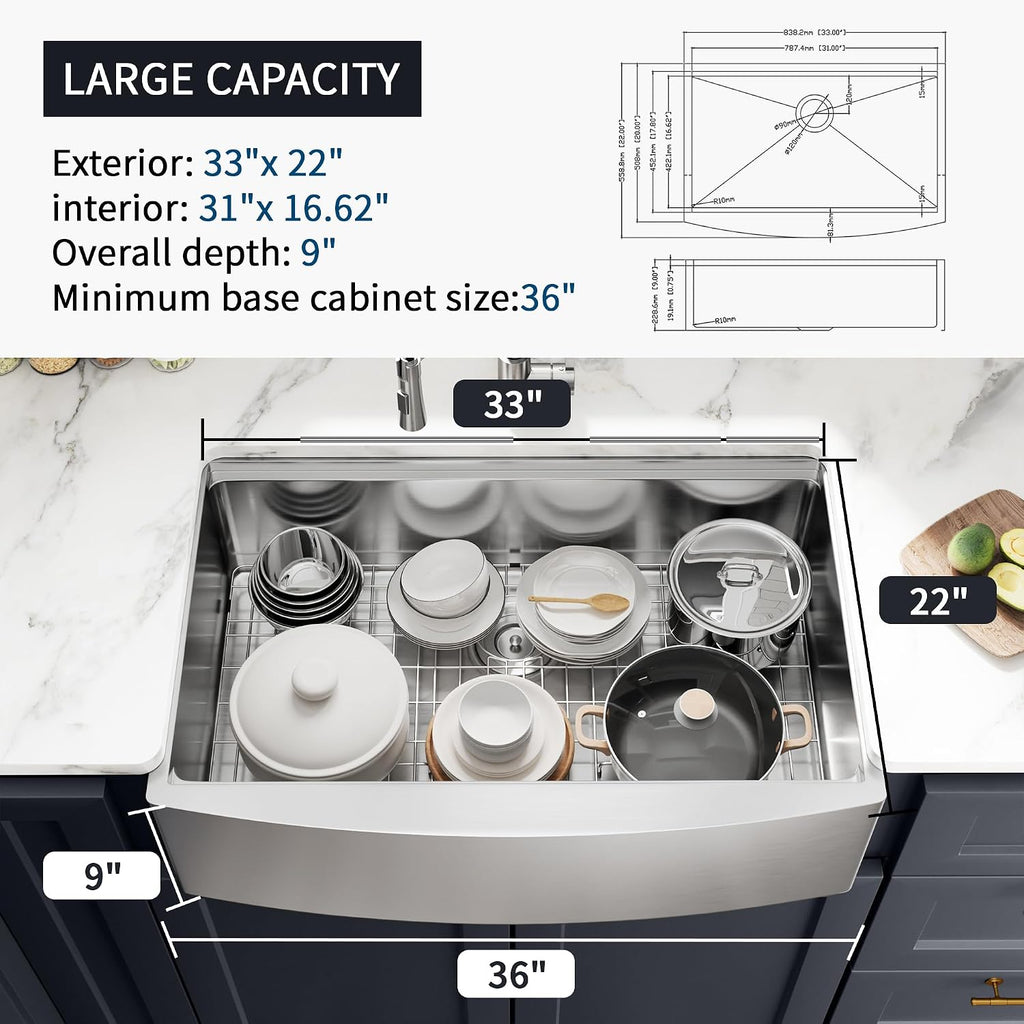 33x22 Inch Farmhouse Kitchen Sink – ALWEN 16 Gauge Scratch-Resistant Stainless Steel Workstation Apron Front Single Bowl Sink, R10 Radius, Ledge & Accessories Included