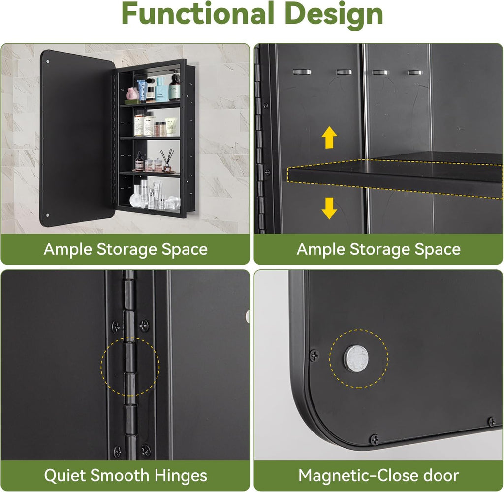 17 x 27 Bathroom Medicine Cabinet with Mirror Metal Frame Recessed Or Wall Mounted Single Door Storage Medicine Cabinets with Adjustable Shelves Rounded Corner Beveled Mirrors