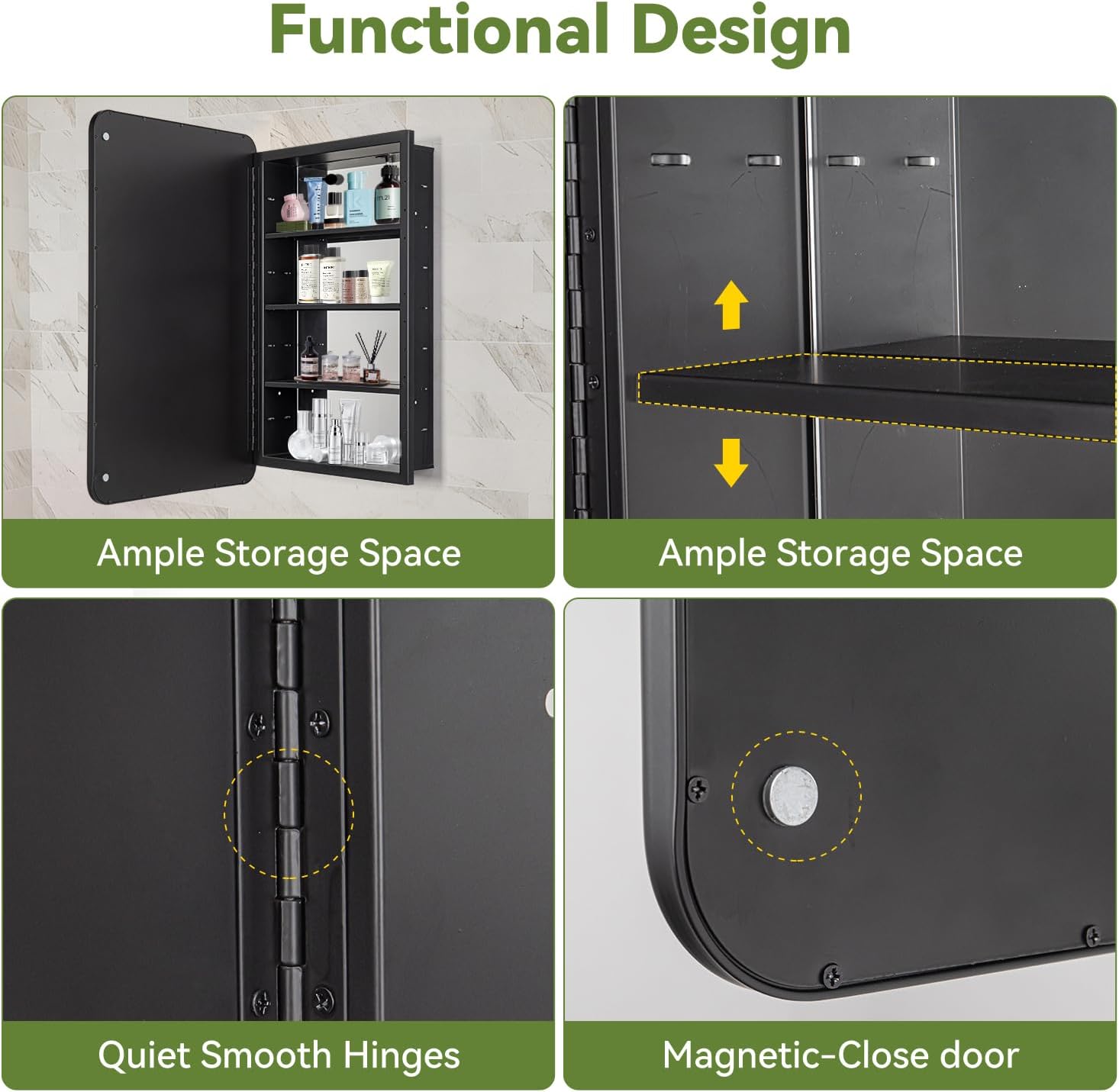 17 x 27 Bathroom Medicine Cabinet with Mirror Metal Frame Recessed Or Wall Mounted Single Door Storage Medicine Cabinets with Adjustable Shelves Rounded Corner Beveled Mirrors