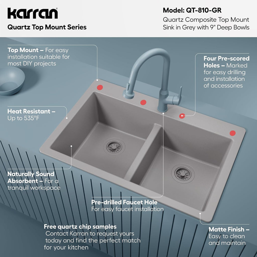 Karran 33' Grey Quartz Composite Double Bowl Kitchen Sink – Top Mount Drop-In 50/50 Low Divider, 80% Natural Quartz, 535°F Heat Resistant, Sound Dampening, Granite Composite, QT-810