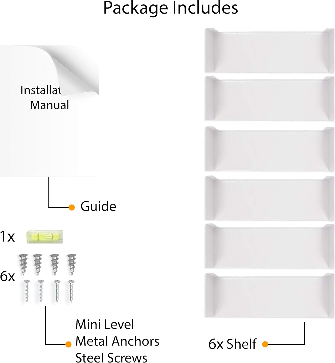 Wallniture Bali White U Shape Floating Shelves for Wall, CD DVD Storage Shelves and Metal Bookshelf Set of 6