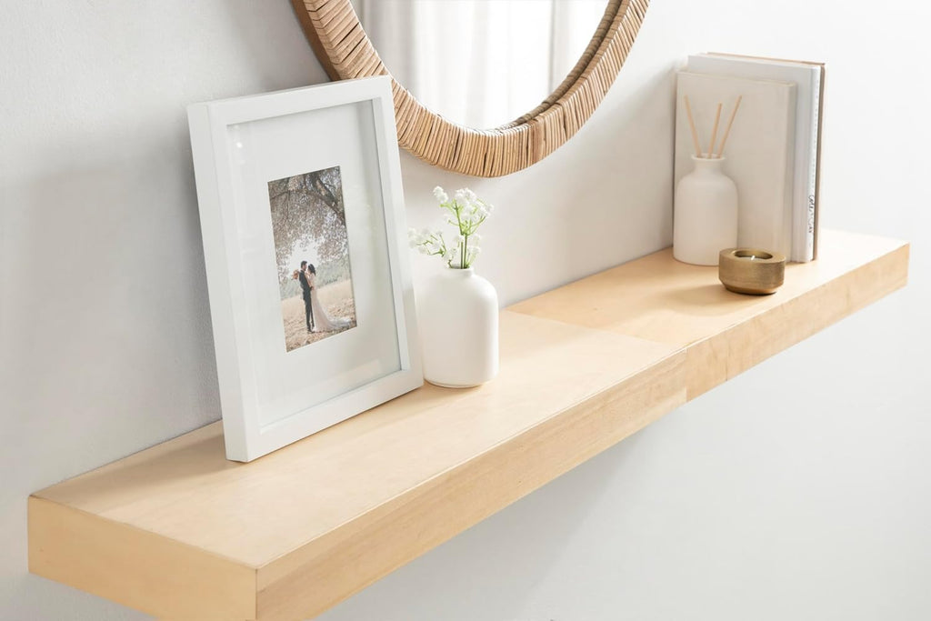 Kate and Laurel Havlock Modern Natural Floating Shelves; Set of 2; 24 x 8; Natural Wood; Mid-Century Bathroom and Kitchen Shelves for Storage and Display
