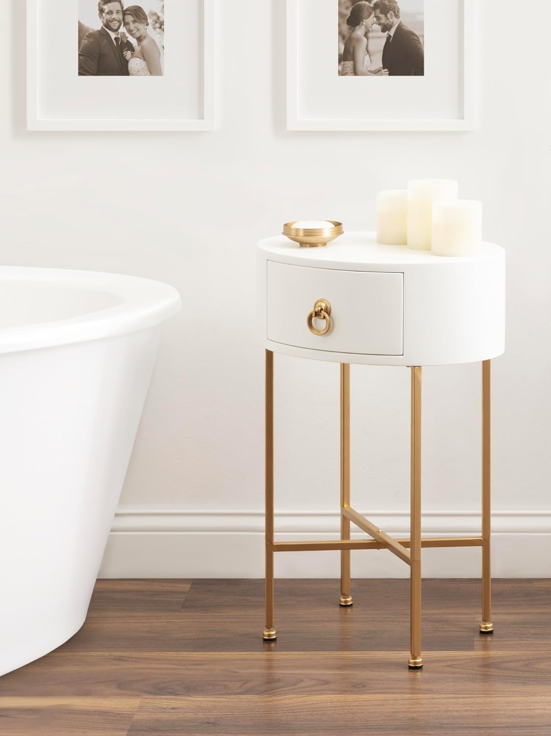 Kate and Laurel Decklyn Decorative Glam Oval Side Table; 16 x 12 x 24; White and Gold; Modern Round Living Room Table with Pull Drawer for Useful Storage