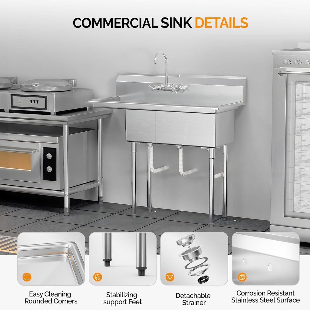 ROVSUN Commercial Sink, Stainless Steel with 3 Compartment and Left Side Drainboard, 43.9' x 20' x 43.3' Freestanding Kitchen Utility Sink, Bowl Size 10' x 14' x 10', Silver