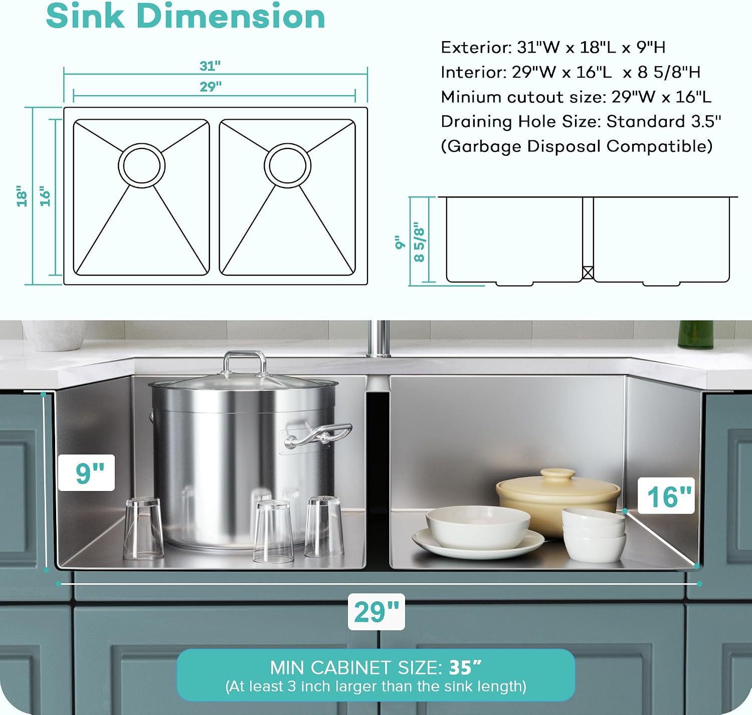Rhbamoa Double Bowl Kitchen Sink Undermount 31 inch,16-Gauge T304 Undermount Kitchen Sink Stainless Steel,50/50 Stainless Steel Double Sinks with Accessories,Deep Sinks with Brushed Finish