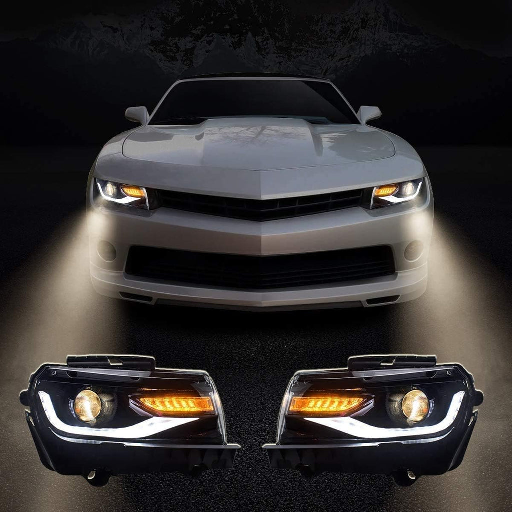 VLAND Projector LED Headlights & D2H Xenon Bulbs Compatible for [Chevy Camaro 5th Gen 2014 2015] with Sequential Turn Signal, Dual Beam Lens, Full LED DRL Bars YAA-CMR-0285 (Driver & Passenger Sides)