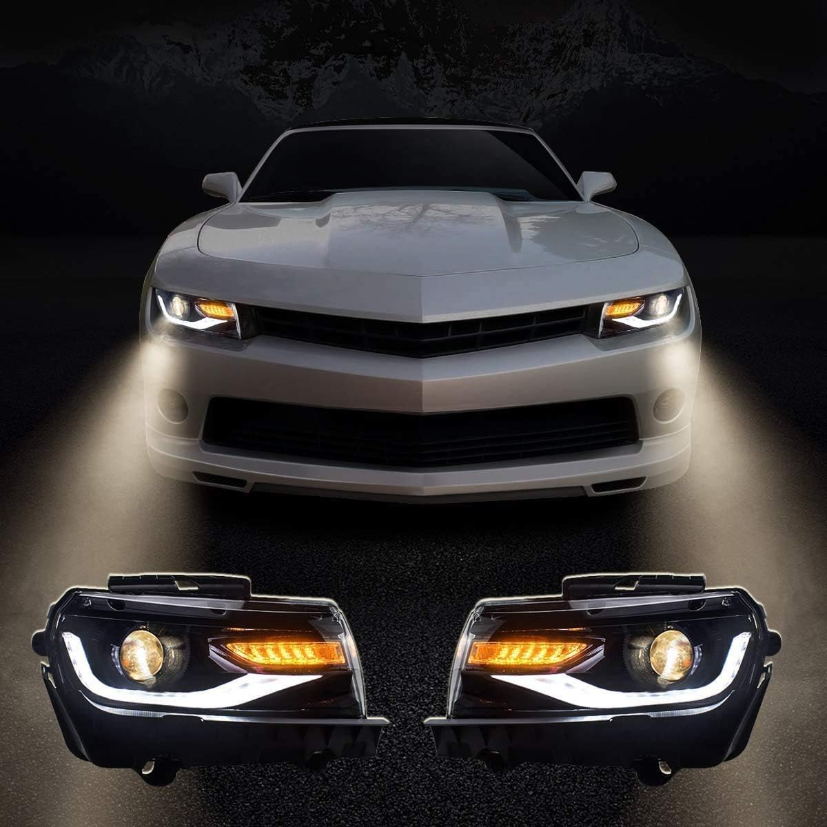 VLAND Projector LED Headlights & D2H Xenon Bulbs Compatible for [Chevy Camaro 5th Gen 2014 2015] with Sequential Turn Signal, Dual Beam Lens, Full LED DRL Bars YAA-CMR-0285 (Driver & Passenger Sides)