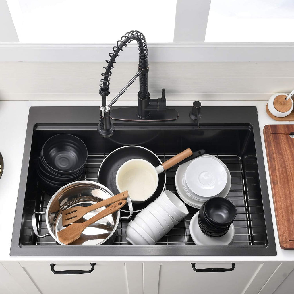 30 Inch Black Drop in Kitchen Sink Workstation -VOKIM 30 x 22 - Inch Drop in sink 16 Gage Stainless Steel TopMount sink Single Bowl 10'' Deep Kitchen Sink with Cutting Board
