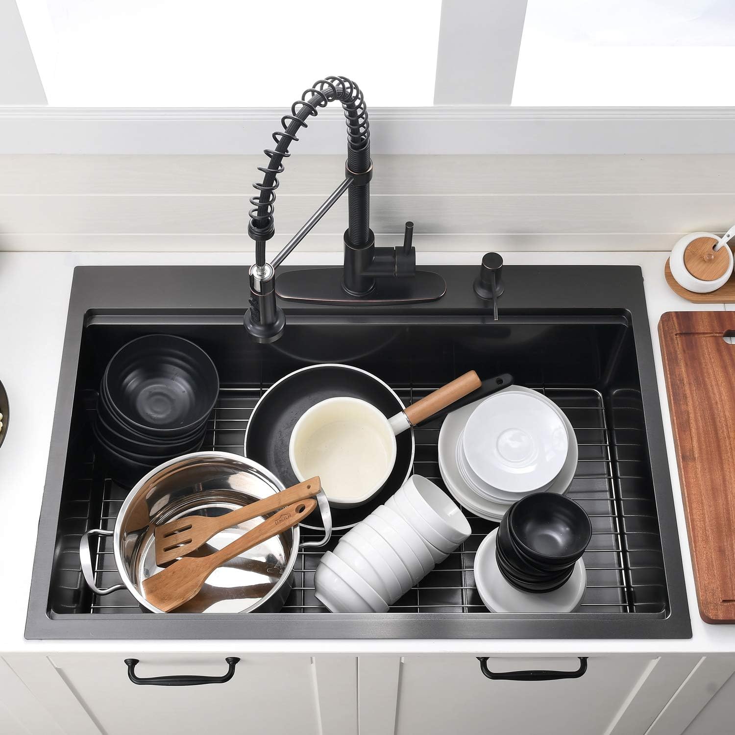 28 Inch Black Drop In Kitchen Sink - VOKIM 28x22-Inch Drop In sink Workstation 16 Gauge Stainless Steel 10'' Deep Single Bowl Handmade Kitchen Sink with Cutting Board & Strainer