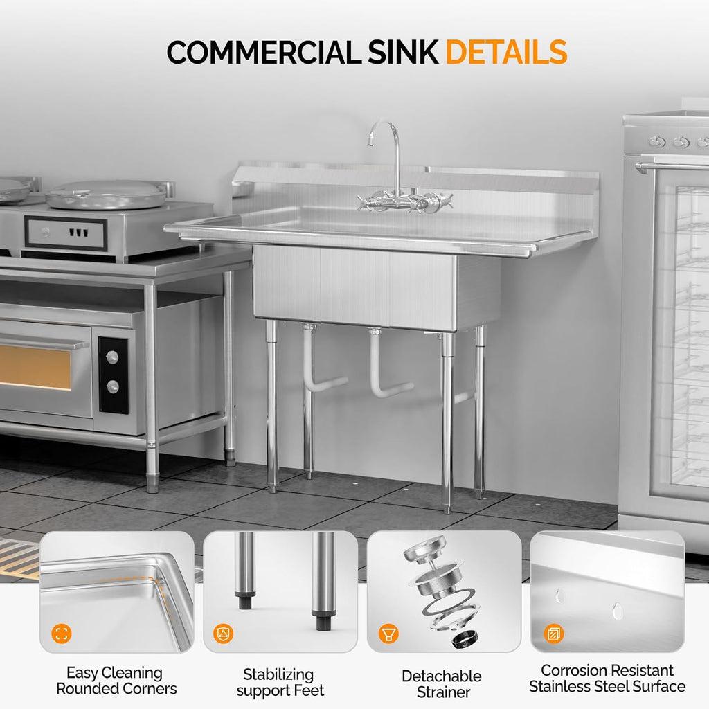 ROVSUN Commercial Sink, Stainless Steel Sink with 3 Compartment and 2 Sides Drain Rack, 20' x 54' x 43.5' Freestanding Utility Sink, Great for Restaurant Kitchen Laundry Room Garage Sunroom