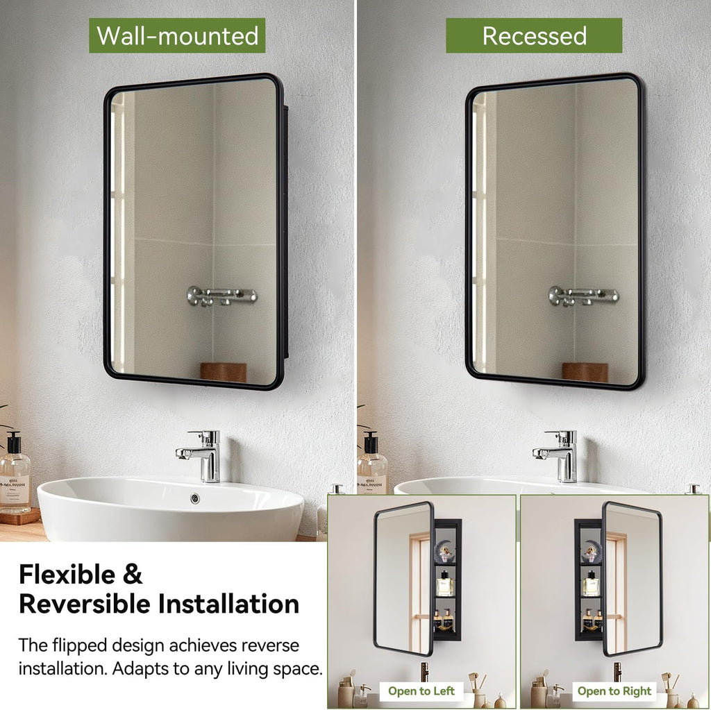 16 x 24 Black Bathroom Medicine Cabinet with Mirror Metal Frame Recessed Or Wall Mounted Single Door Storage Medicine Cabinets with Adjustable Shelves Rounded Corner Beveled Mirrors