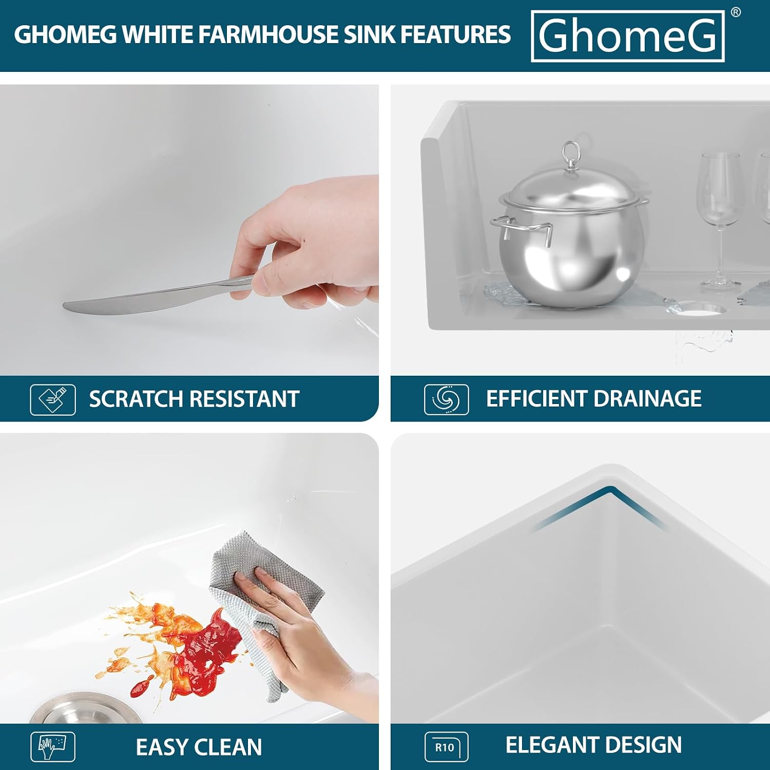 32 White Undermount Kitchen Sink Porcelain 32x19x10 Inch Dual Mount White Single Bowl Ceramic Kitchen Sink - Brushed Drain Strainer