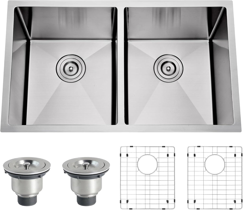 32 Inch Undermount Double Bowl Kitchen Sink 16 Gauge Stainless Steel 50/50 Deep Rectangular Sinks with Strainer & Bottom Grid 32' x 19' x 10'