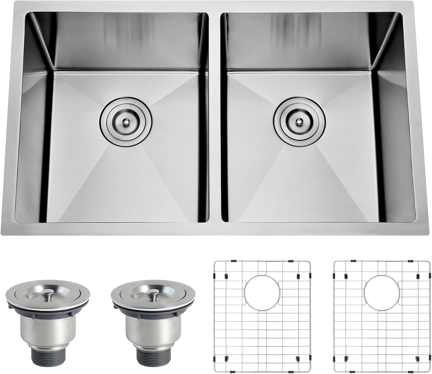 32 Inch Undermount Double Bowl Kitchen Sink 16 Gauge Stainless Steel 50/50 Deep Rectangular Sinks with Strainer & Bottom Grid 32' x 19' x 10'