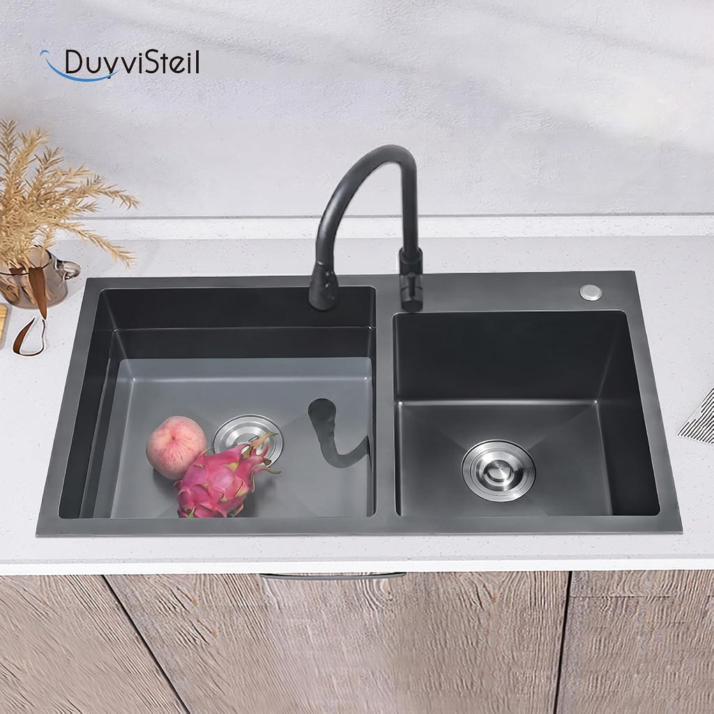 30.7'x16.9' Black Double Bowl Sink - 60/40, 20 Gauge Stainless Steel Topmount Kitchen Sinks, Nano-Coated Drop-In Kitchen Sink with Drain & Overflow (Gunmetal Gray)