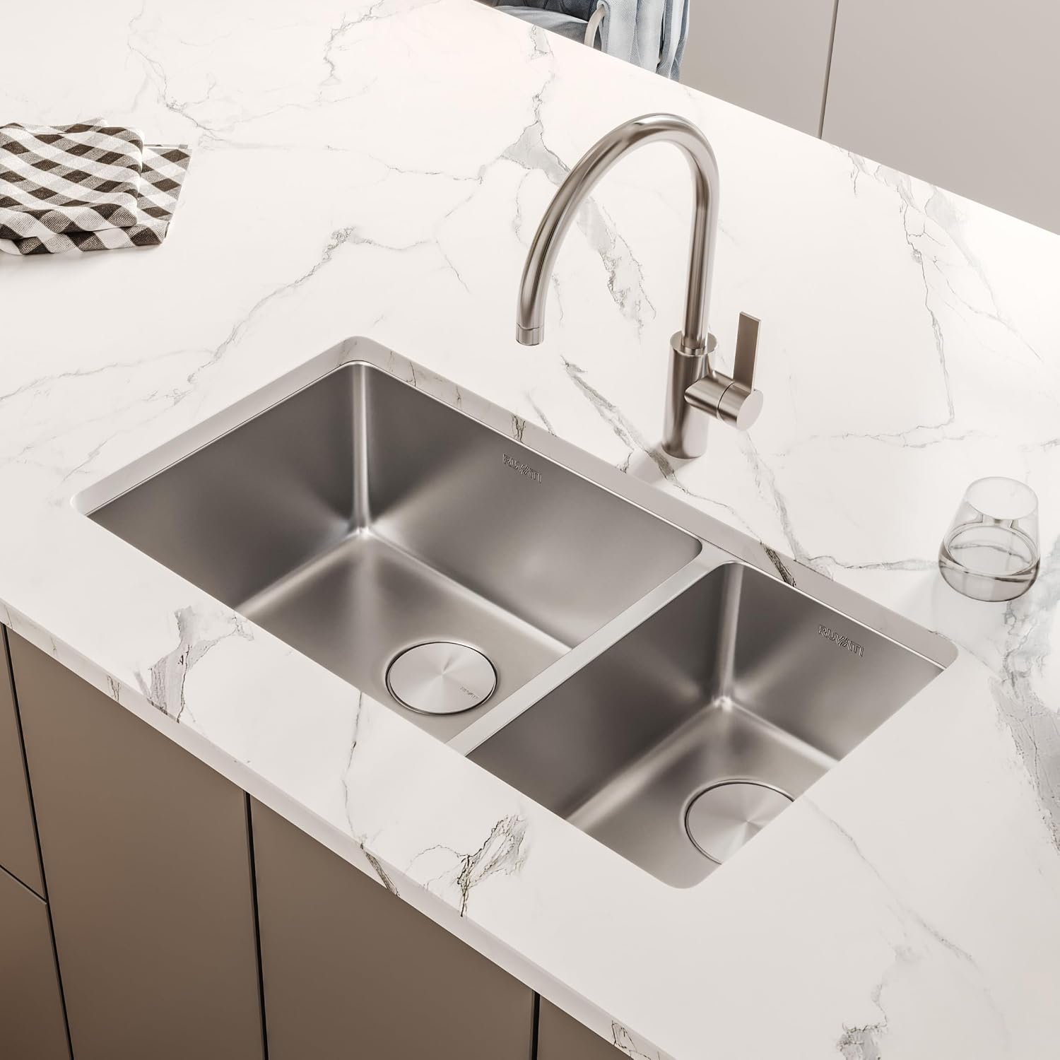 Ruvati 32-inch Undermount Kitchen Sink - 70/30 Double Bowl Kitchen Sink - 16 Gauge Stainless Steel Sinks with Brushed Finish hides scratches, Easy-to-Clean Undermount Sinks - RVM5300