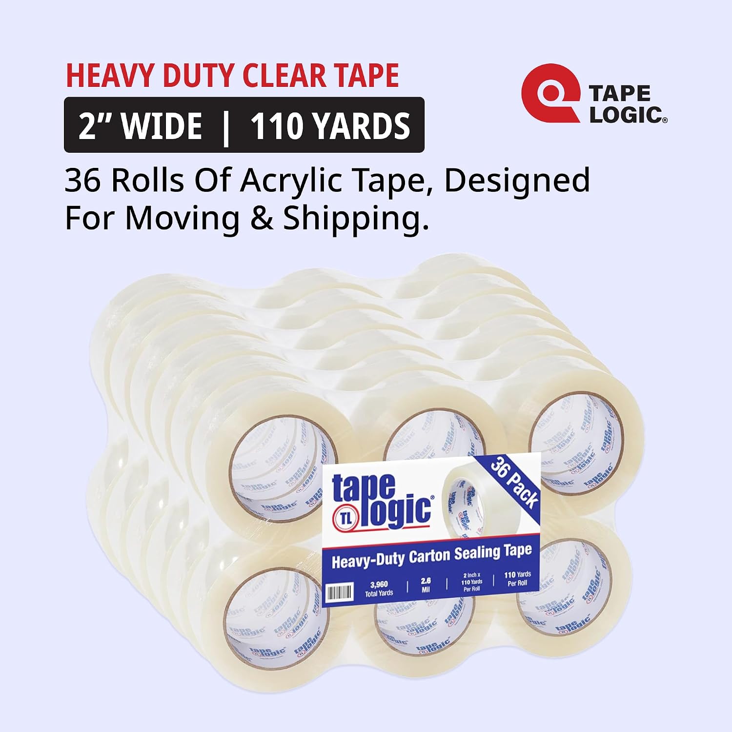 TAPE LOGIC 2' x 110 yds Acrylic Packing Tape 2.6 Mil, Clear (36-Pack) Heavy Duty Packing Tape Rolls for Sealing Boxes at Home, Warehouse, & Office, Supplies for Packaging, Shipping, Moving