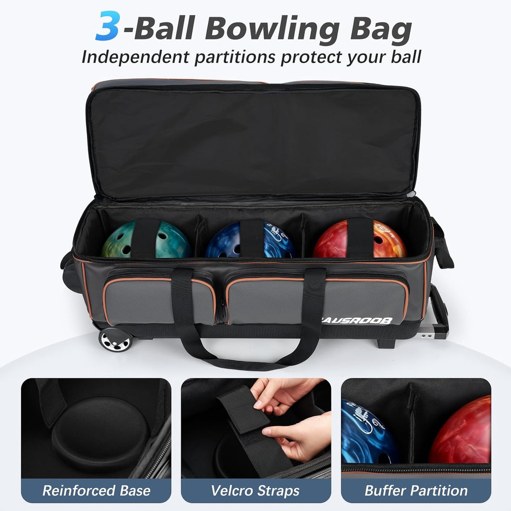 3 Ball Bowling Bags with Wheels, Bowling Bags 3 Ball Roller - 900D Oxford Waterproof PU, Bowling Bag with Multi-Separate Storage Pockets & Retractable Handle Extends to 40''