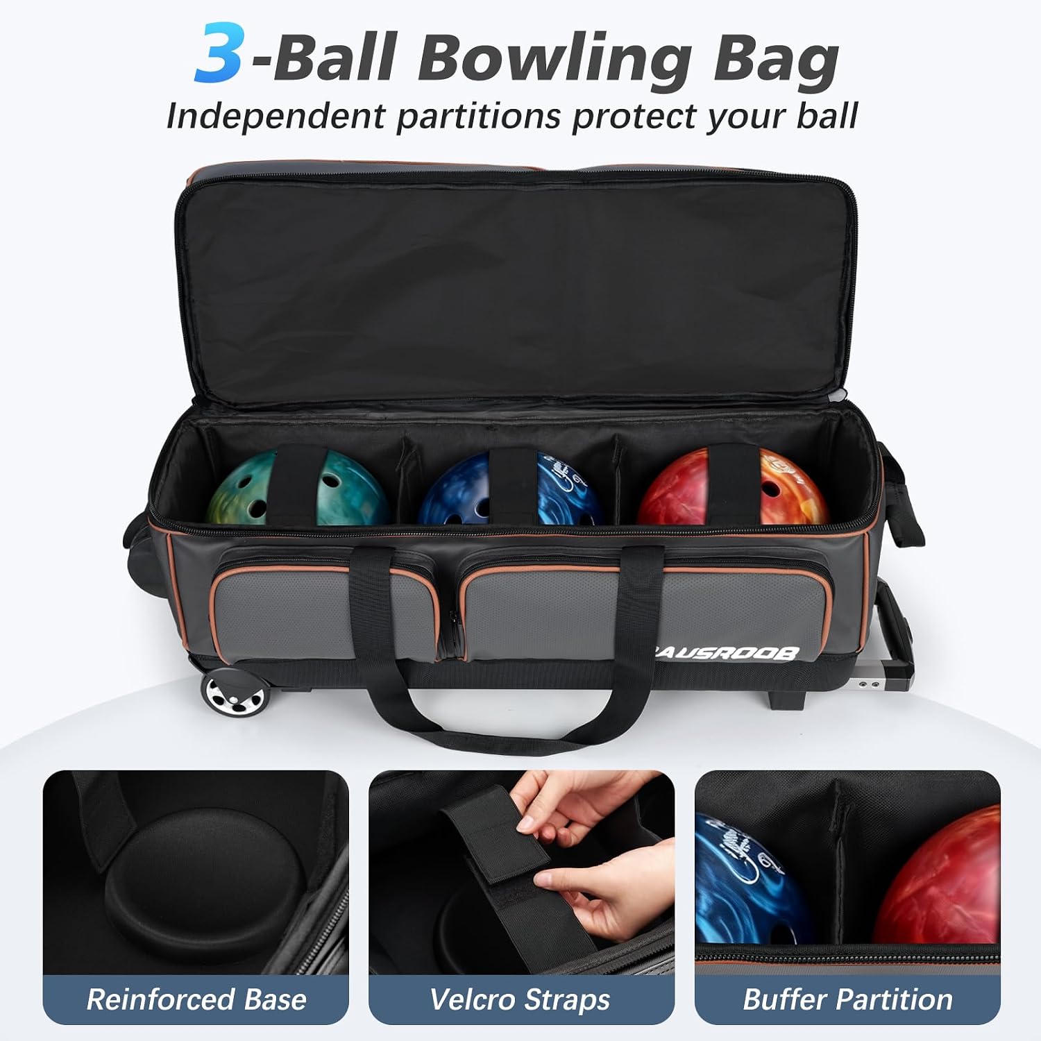 3 Ball Bowling Bags with Wheels, Bowling Bags 3 Ball Roller - 900D Oxford Waterproof PU, Bowling Bag with Multi-Separate Storage Pockets & Retractable Handle Extends to 40''