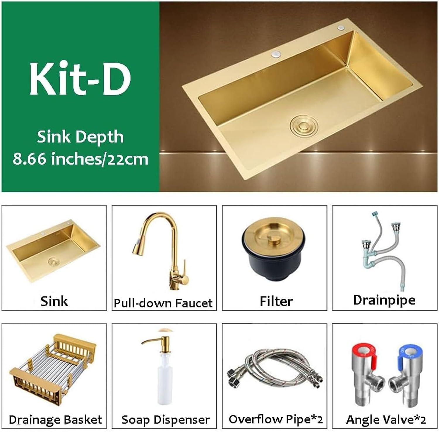 Single Bowl Kitchen Sink - Gold Kitchen Sink - Drop in & Top Mount Kitchen Sink - 16 Gauge Stainless Steel Kitchen Sinks,KitD-60x45x22cm