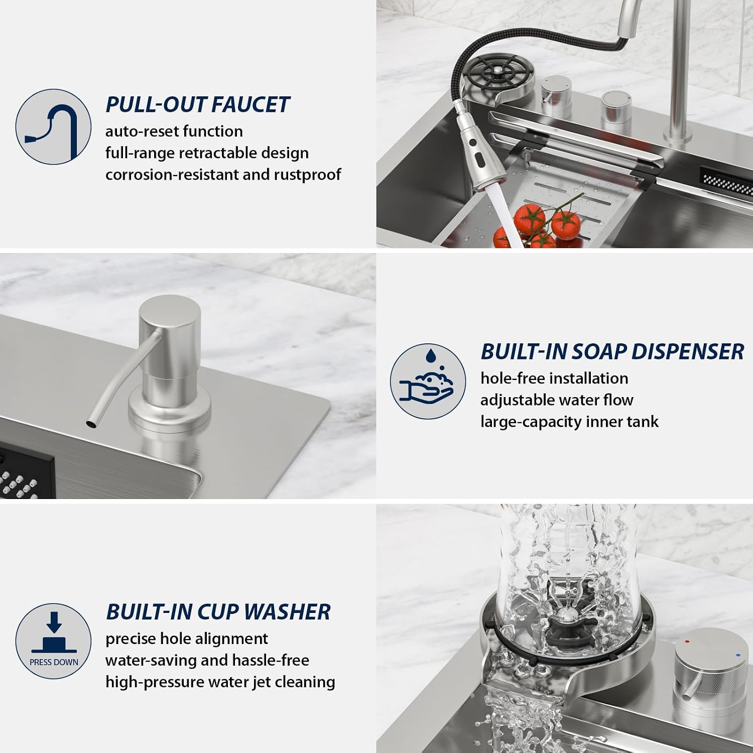 Logmey 30' Luxury Waterfall Sink Nano PVD Drop in Kitchen Sink with Faucet,16 Gauge Stainless Single Bowl Sinks with Two Knobs,Dual Split Rain Fall,Double Step,30x19x9