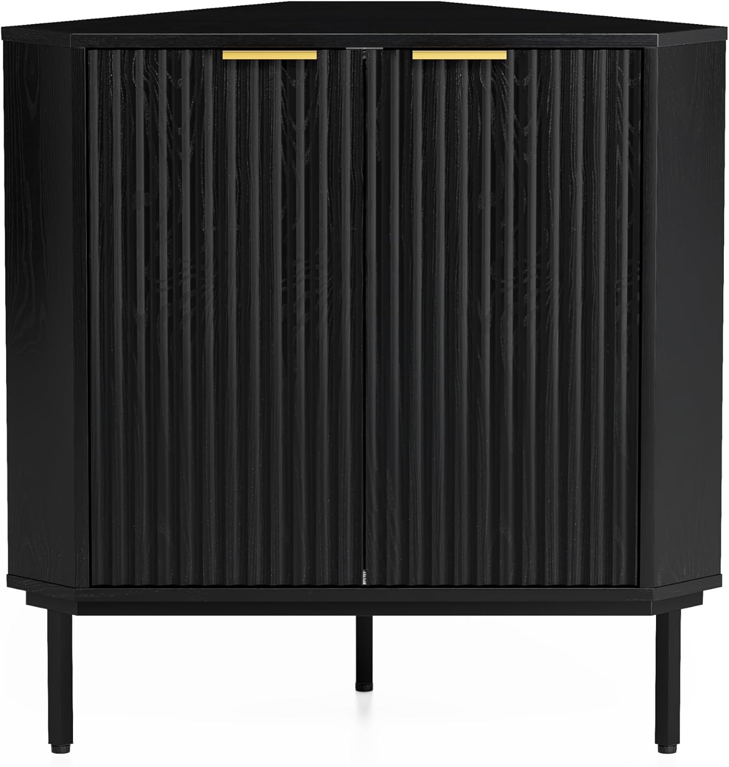 Modern Fluted Corner Cabinet, Small Floor Storage Cabinet with Adjustable Shelf & Metal Legs, Wooden Freestanding Narrow Organizer for Living Room Kitchen, Black