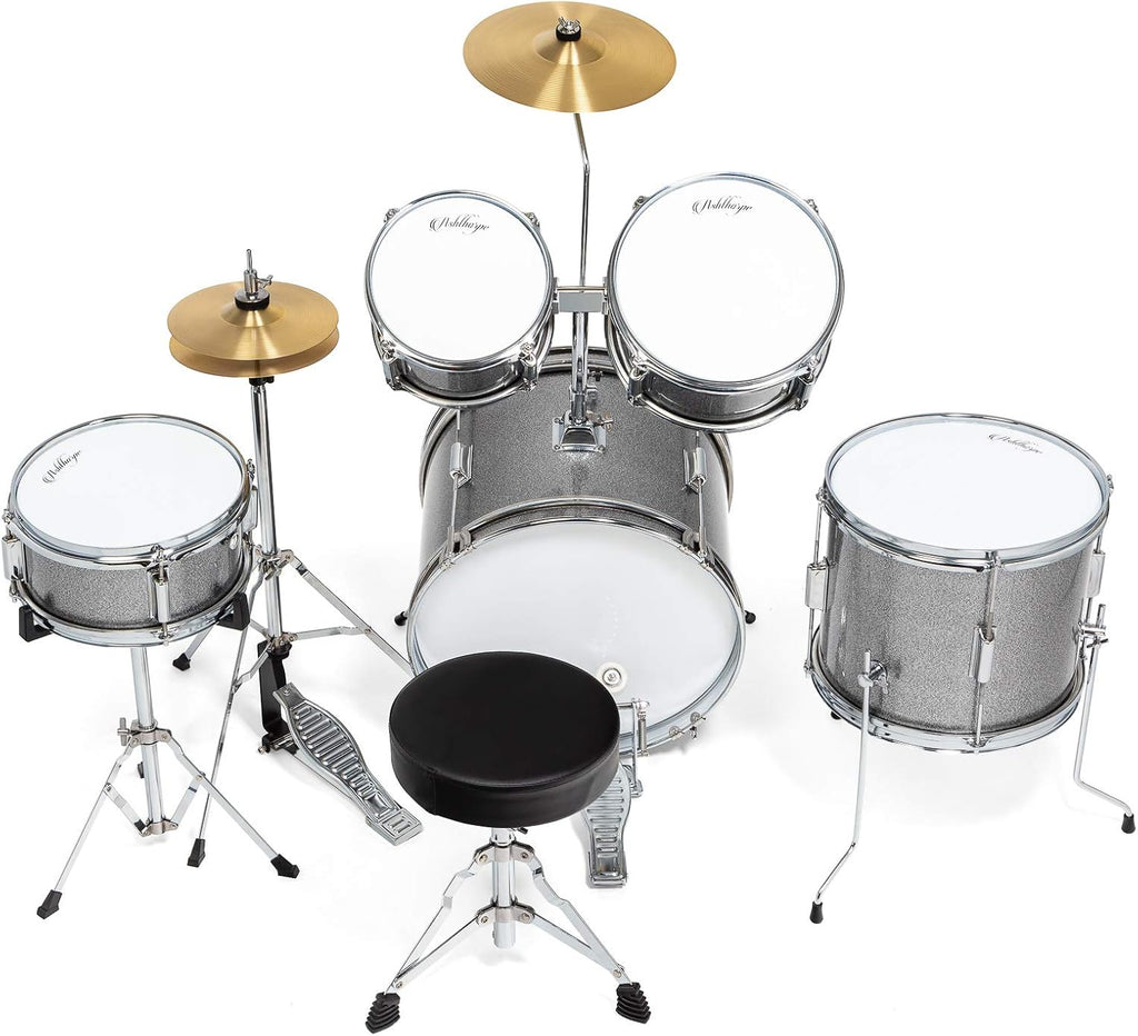 Ashthorpe 5-Piece Complete Junior Drum Set with Genuine Brass Cymbals - Advanced Beginner Kit with 16' Bass, Adjustable Throne, Cymbals, Hi-Hats, Pedals & Drumsticks - Silver
