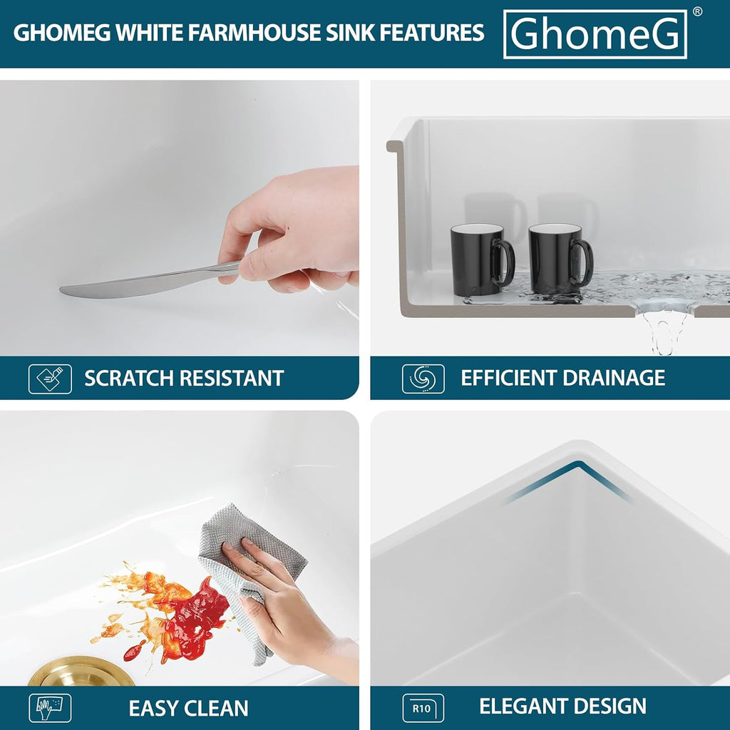 White Kitchen Sink 32 Inch Fireclay Porcelain White Undermount Kitchen Sink 32'x19'x10' Glossy White Single Bowl Sinks Basin