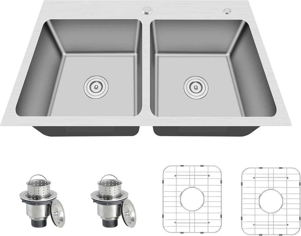 33 Inch Drop In Double Bowl Kitchen Sink, 33x22 Topmount 16 Gauge 304 Stainless Steel 50/50 Commercial Grade Kitchen Sinks, Strainer and Grid Included, 33' x 22' x 9'