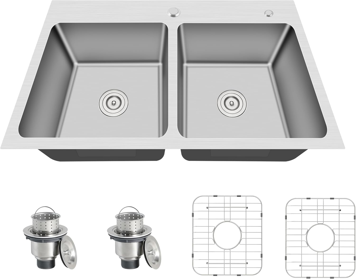33 Inch Drop In Double Bowl Kitchen Sink, 33x22 Topmount 16 Gauge 304 Stainless Steel 50/50 Commercial Grade Kitchen Sinks, Strainer and Grid Included, 33' x 22' x 9'
