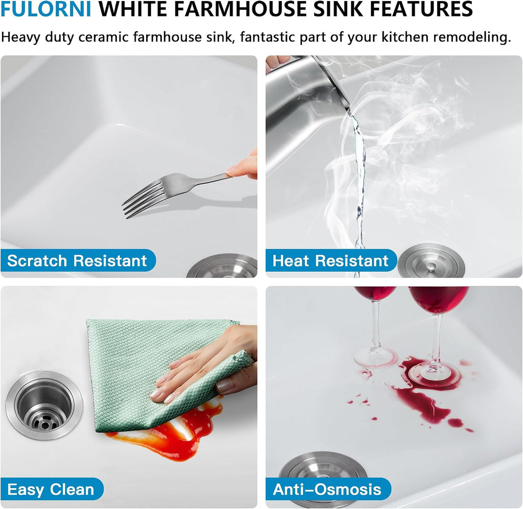 33 White Farm Sink Double Bowl - Fulorni 33'×18' Farmhouse Kitchen Sink Reversible Apron Front Double Bowl 50/50 Ceramic Porcelain Fireclay Farmer Style Basin