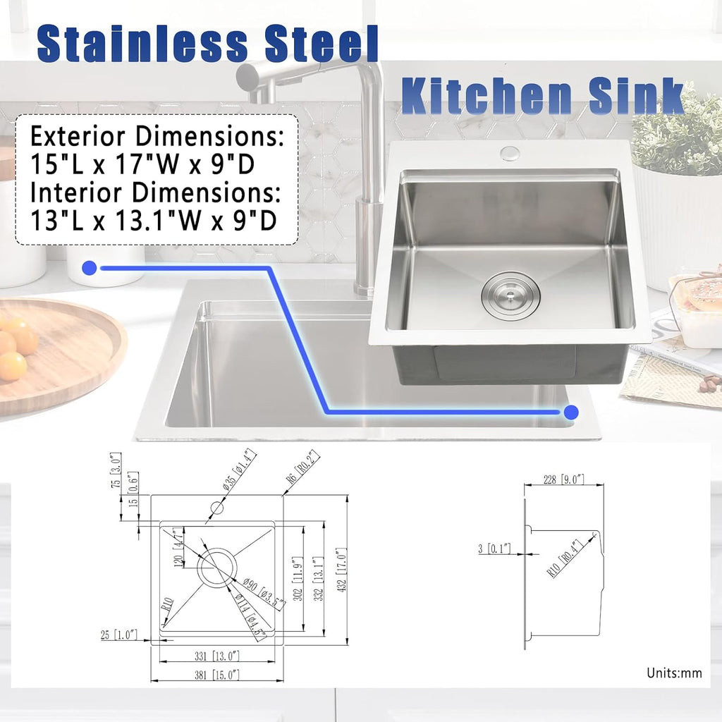 15x17 Drop In Bar Sink with Faucet - 15 Inch Stainless Steel Drop In Kitchen Sink and Faucet Combo Set, 9 Inch Deep Small Kitchen Bar Sinks Workstation with Accessories