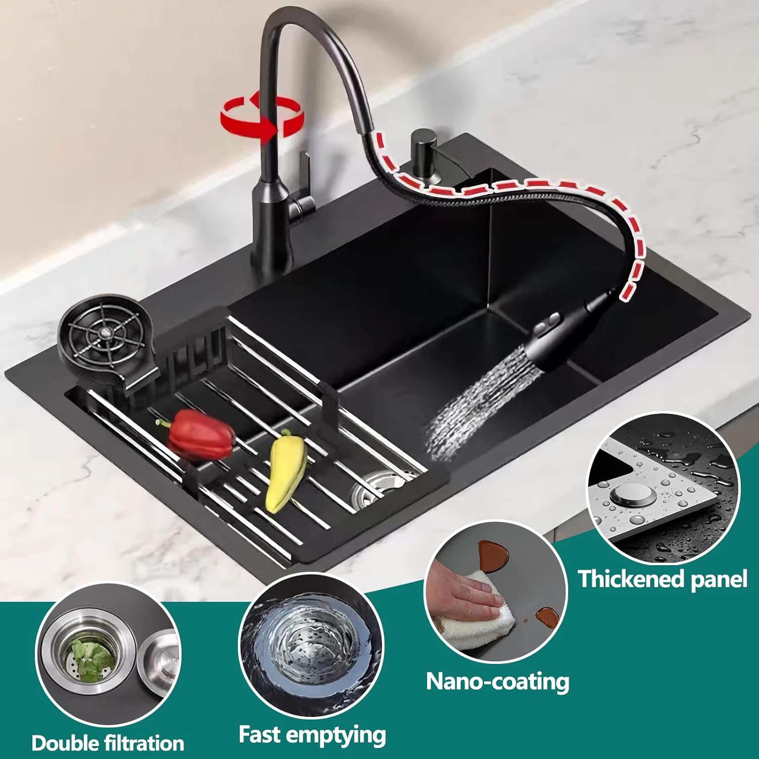 Black Kitchen Sink with Faucet, Top Mount/Drop-In 3 Hole Single Bowl Stainless Steel Sink with Cup Washer, Soap Dispenser, Drainage kit for Bar, Kitchen, Balcony (19.7 * 17.7in)
