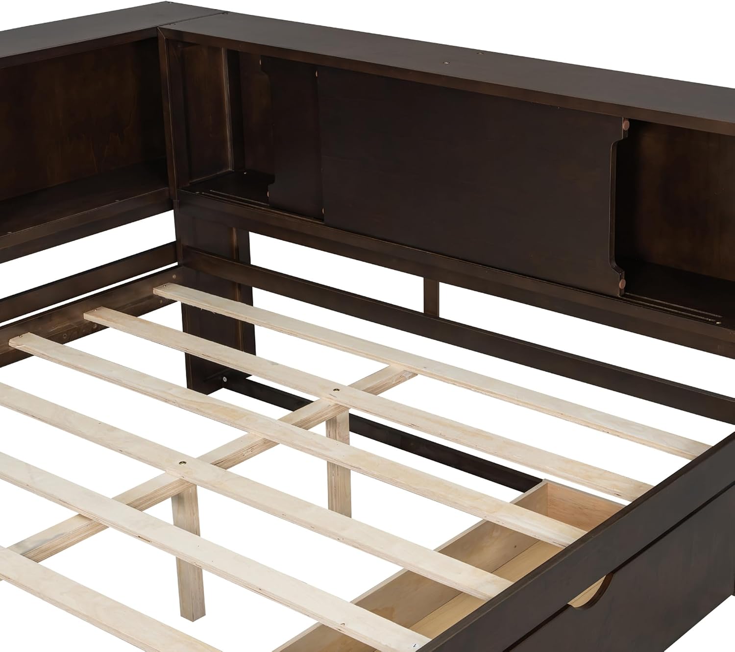 Merax Queen Size Daybed Frame with 2 Drawers and Storage Shelves for Kids, Teens or Adults, Wooden Corner Bed Sofa Bed with USB Ports and LED for Living Room or Bedroom, No Box Spring Needed, Brown