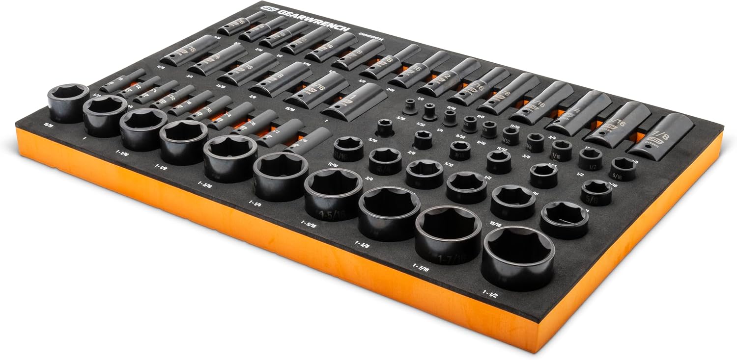GEARWRENCH 63 Piece 1/4', 3/8', 1/2' Drive 6 Point SAE Impact Socket Set in Foam Storage Tray - GWMSISKSAE