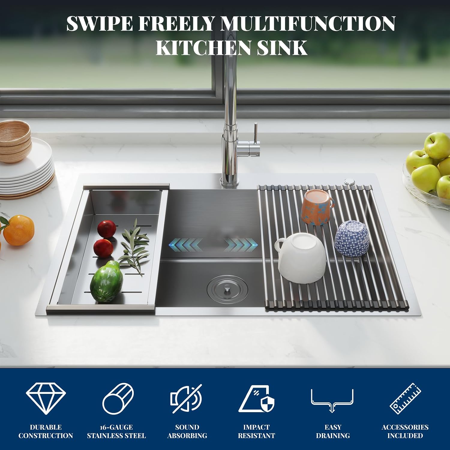30 x 22 Drop-In Workstation Kitchen Sink – 16 Gauge Stainless Steel Topmount Sink, 10' Deep Single Bowl & 5 Accessories