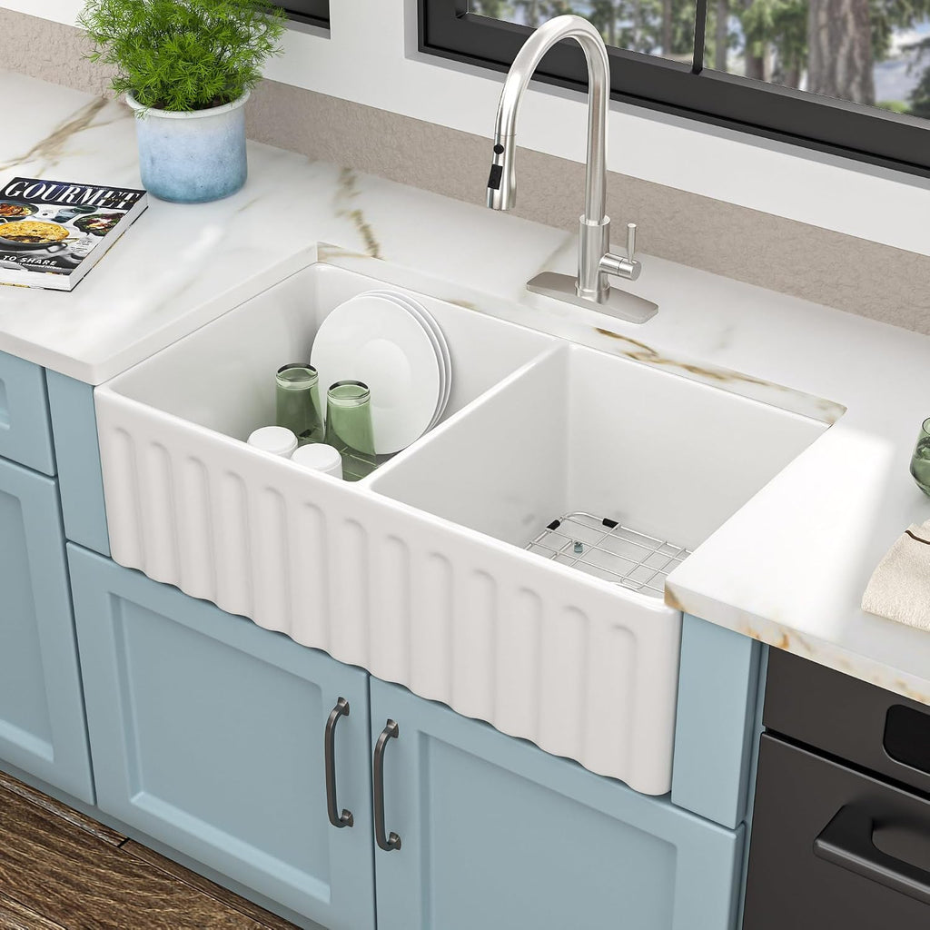 33 White Farm Sink Double Bowl - Fulorni 33'×18' Farmhouse Kitchen Sink Reversible Apron Front Double Bowl 50/50 Ceramic Porcelain Fireclay Farmer Style Basin