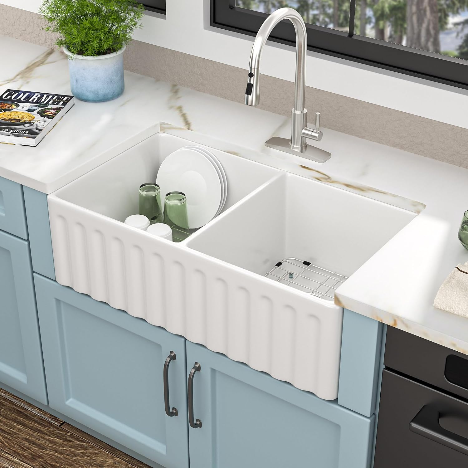 33 White Farm Sink Double Bowl - Fulorni 33'×18' Farmhouse Kitchen Sink Reversible Apron Front Double Bowl 50/50 Ceramic Porcelain Fireclay Farmer Style Basin