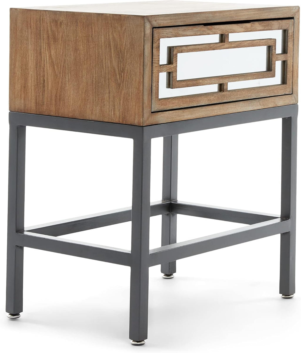 Tommy Hilfiger Hayworth Side Table, Mirrored Storage Drawer with Wood Overlay, Wooden Frame, Metal Base, Ideal in Small Spaces, EndTable, BedsideTable, Nightstand for Living Room or Bedroom, Ash Gray