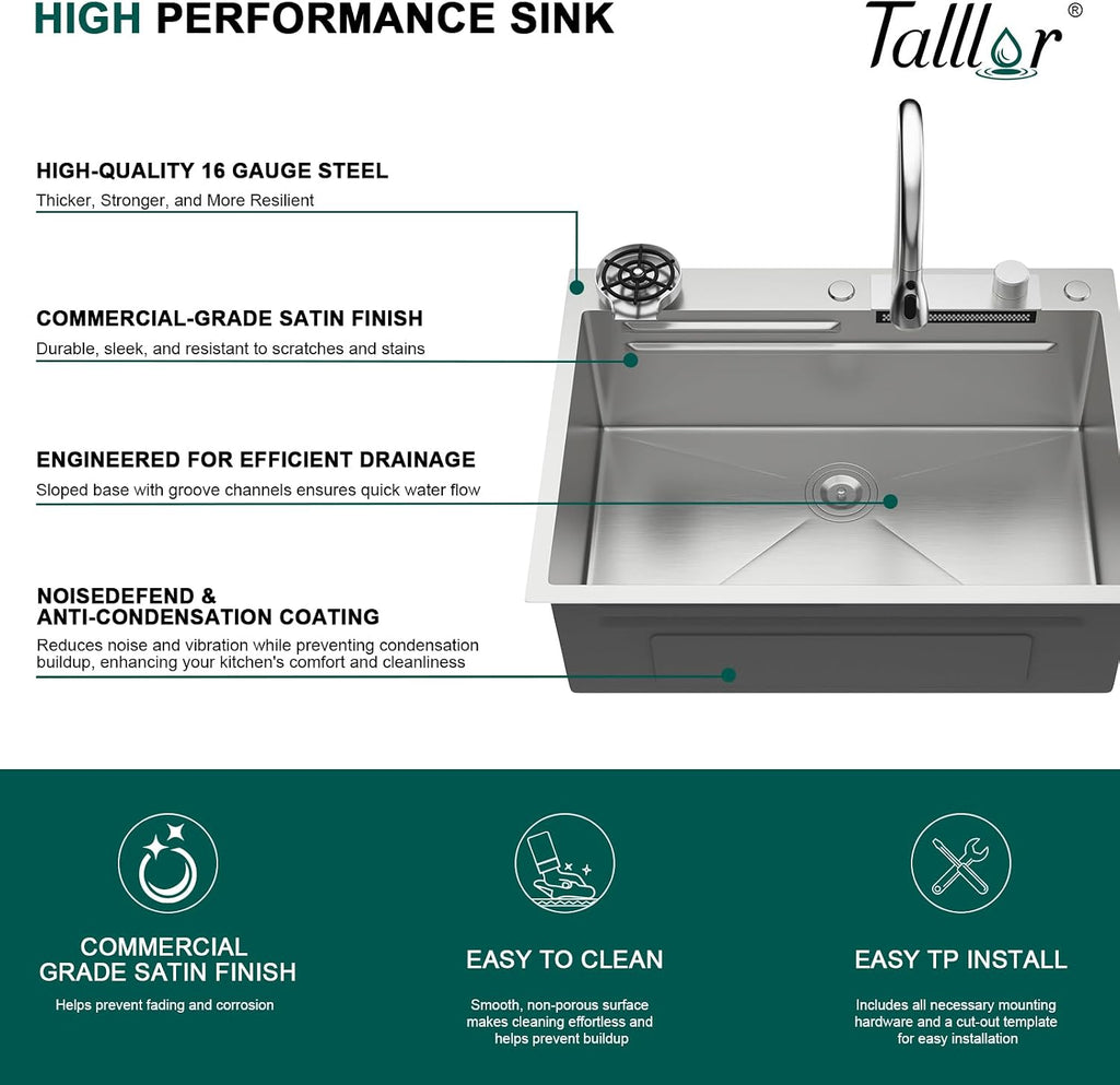 33x22 Drop In Stainless Steel Kitchen Sink with Faucet, Single Bowl Topmount Sink 16 Gauge, Waterfall Feature & Cup Washer, Workstation Accessories for Residential Kitchen #TLWF-0002