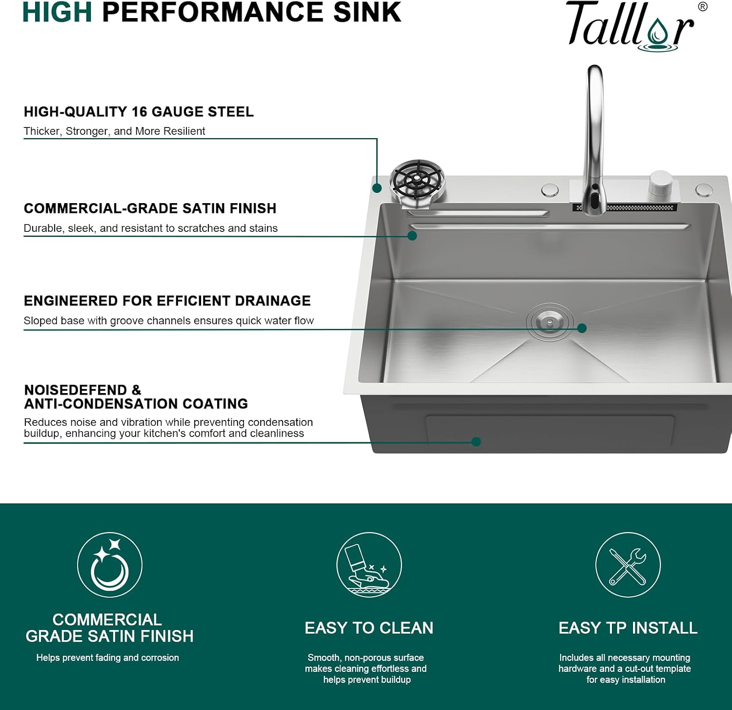 33x22 Drop In Stainless Steel Kitchen Sink with Faucet, Single Bowl Topmount Sink 16 Gauge, Waterfall Feature & Cup Washer, Workstation Accessories for Residential Kitchen #TLWF-0002