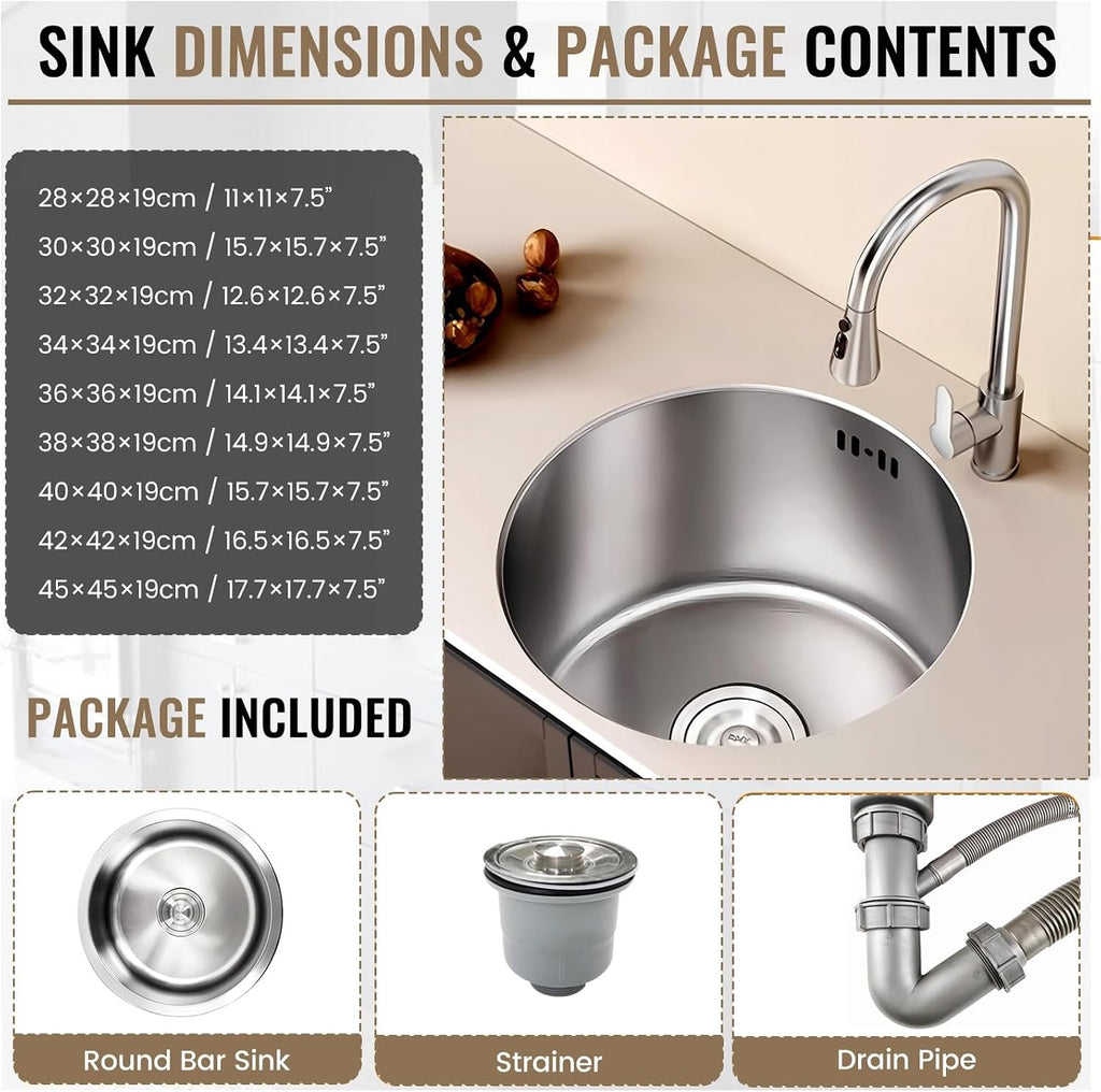 304 Stainless Steel Single Bowl Kitchen Sink, Drop-In/Undermount Workstation Sink With Drain, Handmade Small Wet Bar Sink For RV, Home, Office, Durable Washing Basin Pool(Silver,30x30x19cm)